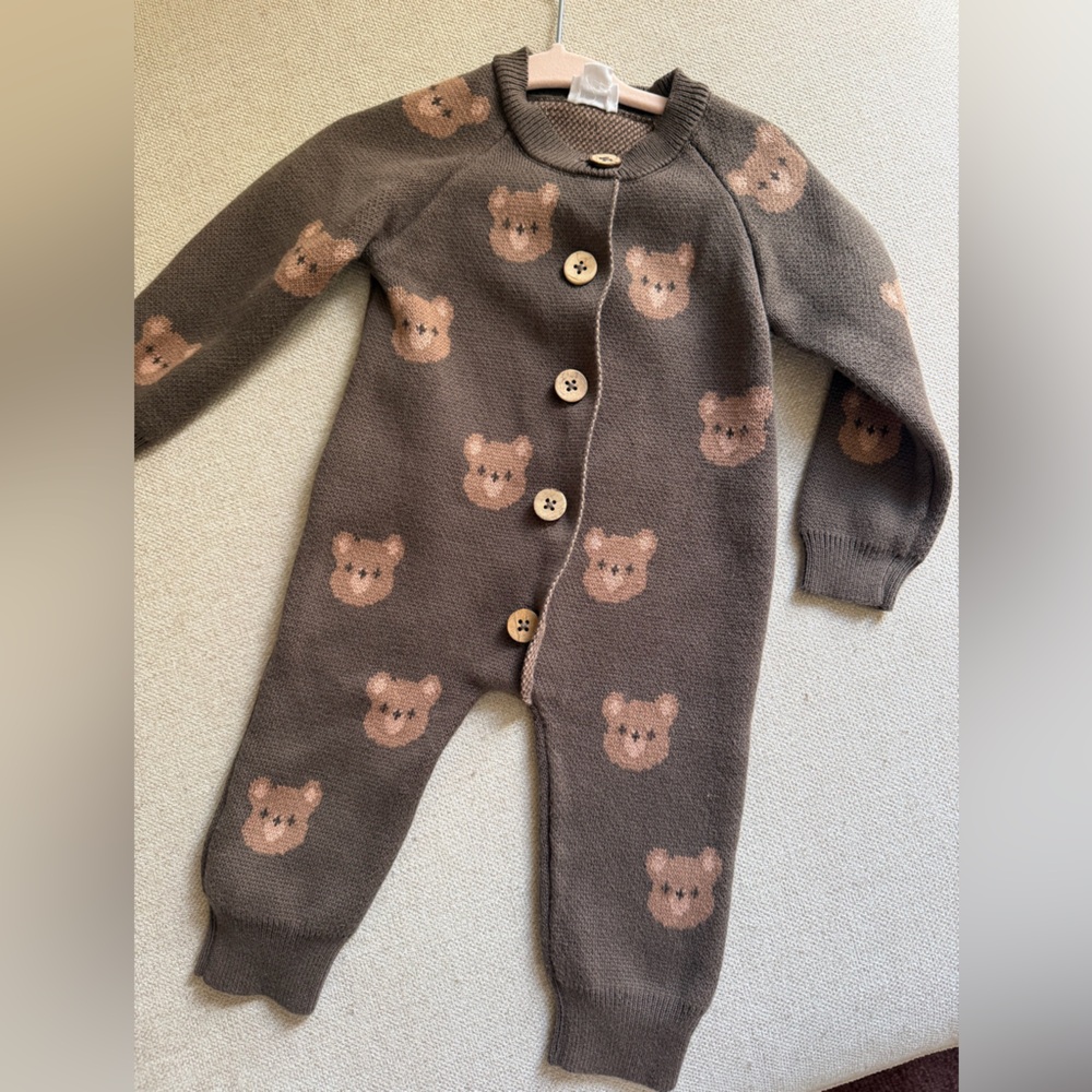 Brown Bear Knit Baby Romper with Buttons